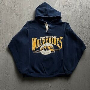 Vintage  Michigan Wolverines Hoodie XL Blue 1990s Henley Pullover